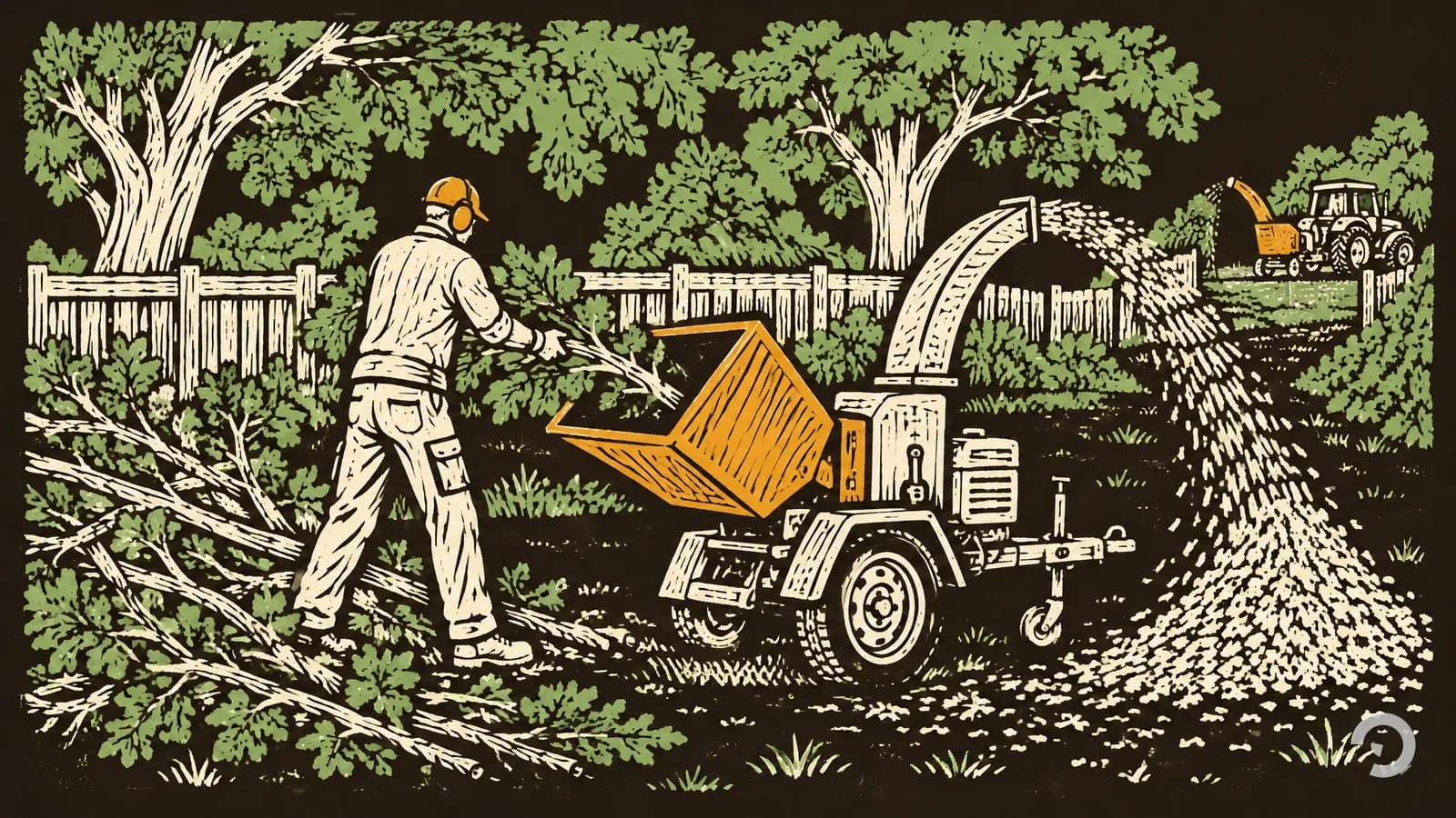 Woodcut of a homeowner feeding a pruned limb into a small wheeled chipper shredder beside a brush pile