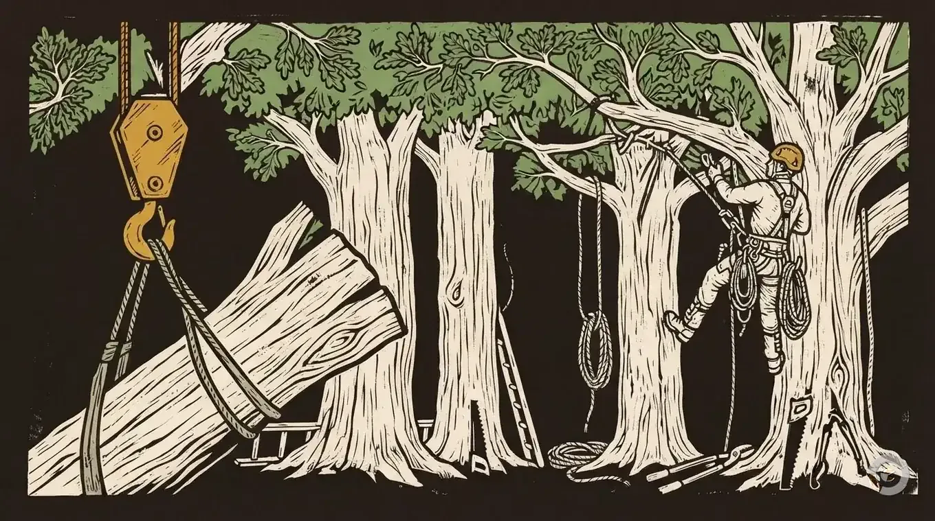 Woodcut illustration comparing crane removal and climbing removal