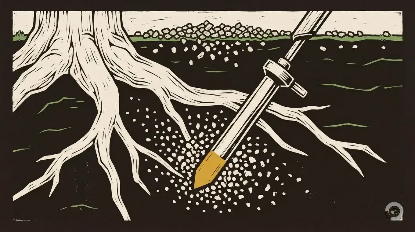 Woodcut illustration comparing deep root fertilization and surface feeding