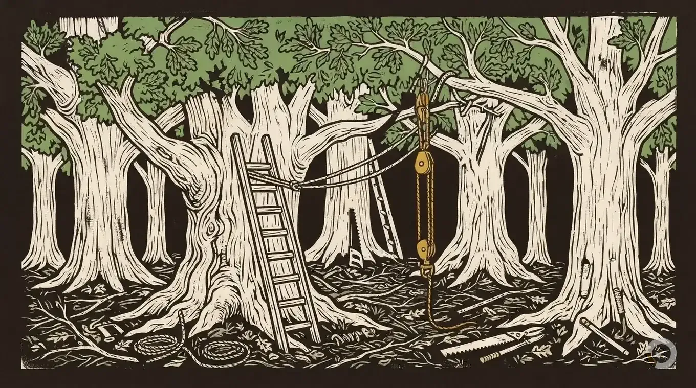 Woodcut illustration comparing diy and professional tree removal