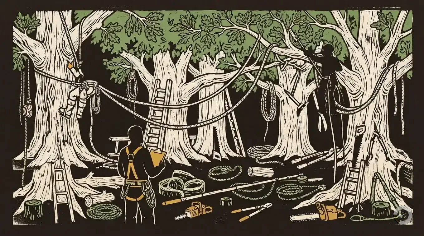 Woodcut illustration comparing isa certified arborist and tree trimmer