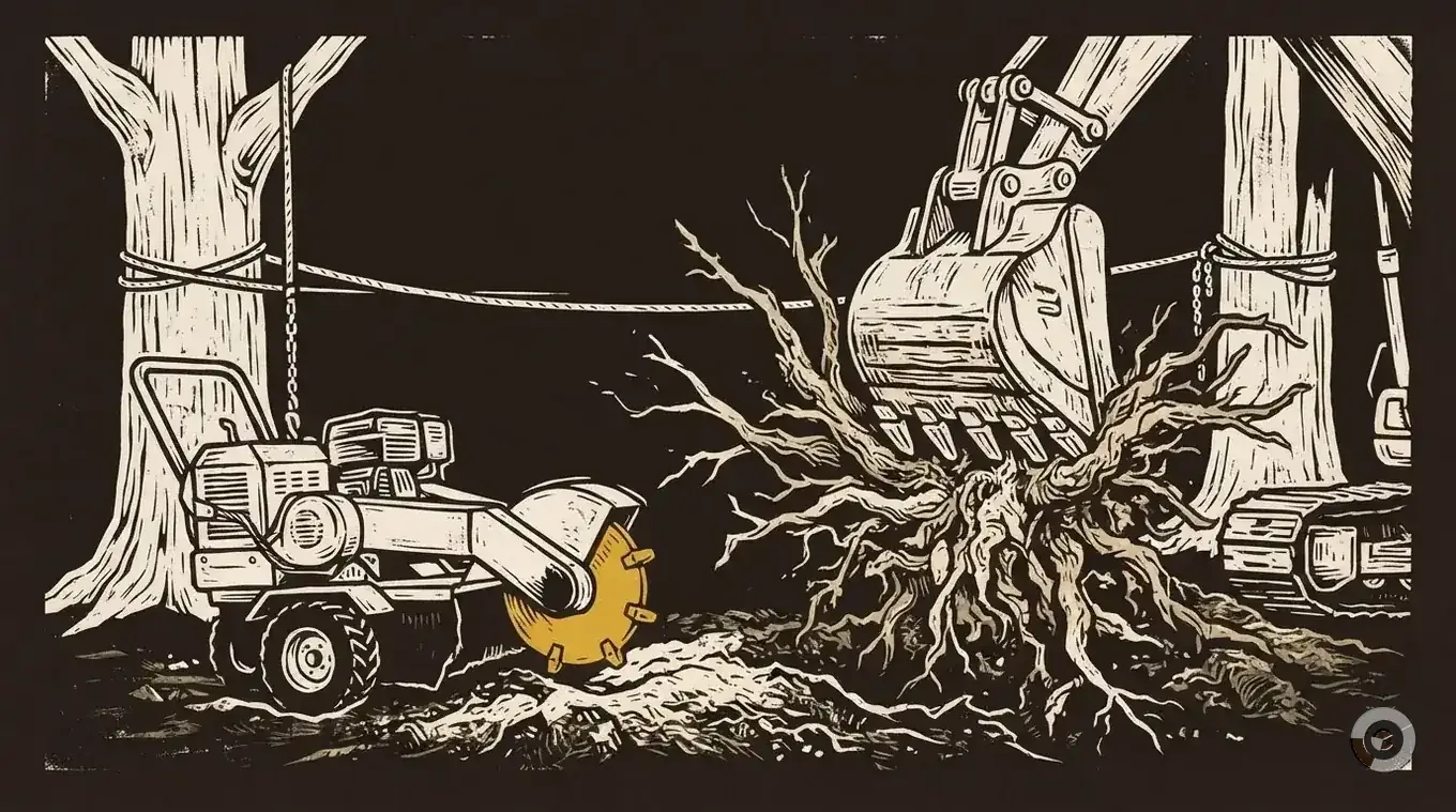 Woodcut illustration comparing stump grinding and stump removal