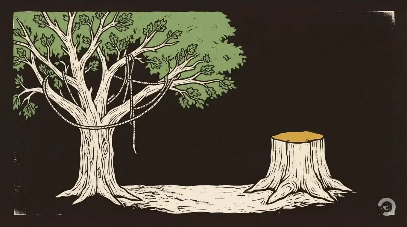 Woodcut illustration comparing tree removal and tree trimming