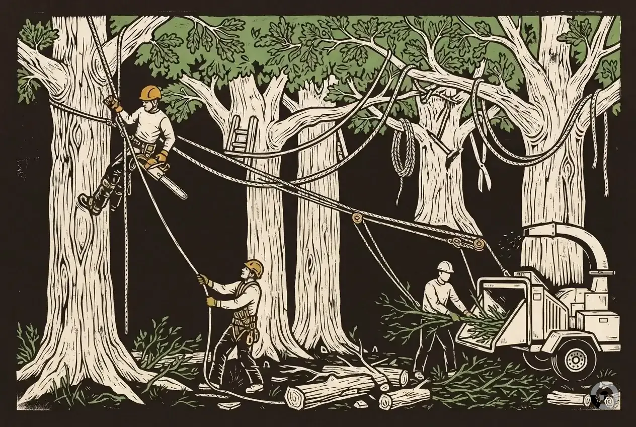 Woodcut of a three-person tree crew working one removal: climber, groundman and chipper