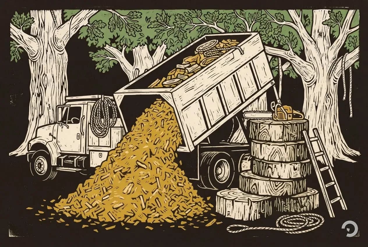 Woodcut of a chip truck tipping its box beside a stacked cord of rounds and a saw