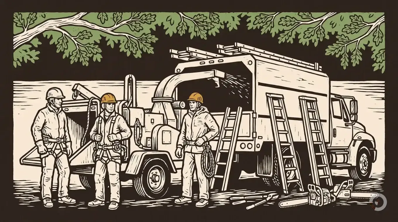 Woodcut hero illustration for the arborist salary guide