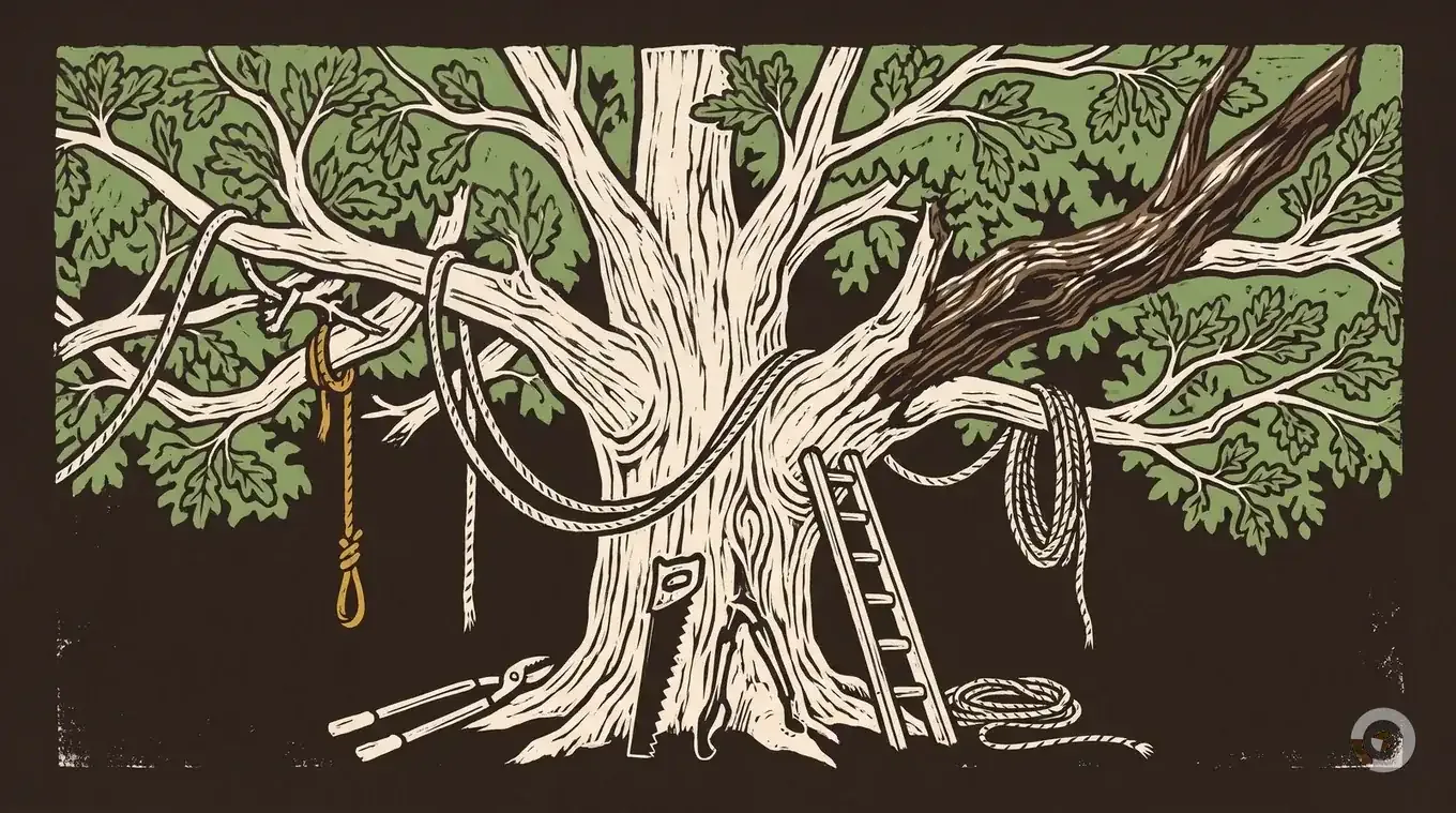 Woodcut hero illustration for the dutch elm disease guide