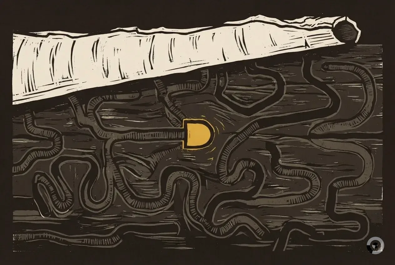 Woodcut illustration: emerald ash borer treatment, step one