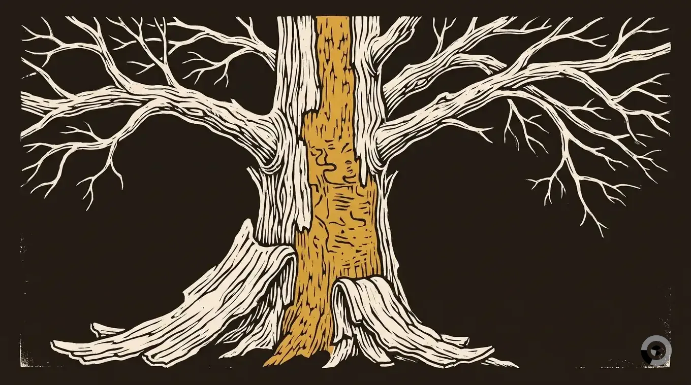 Woodcut of a standing dead ash, bark stripped to blond sapwood with woodpecker flecking