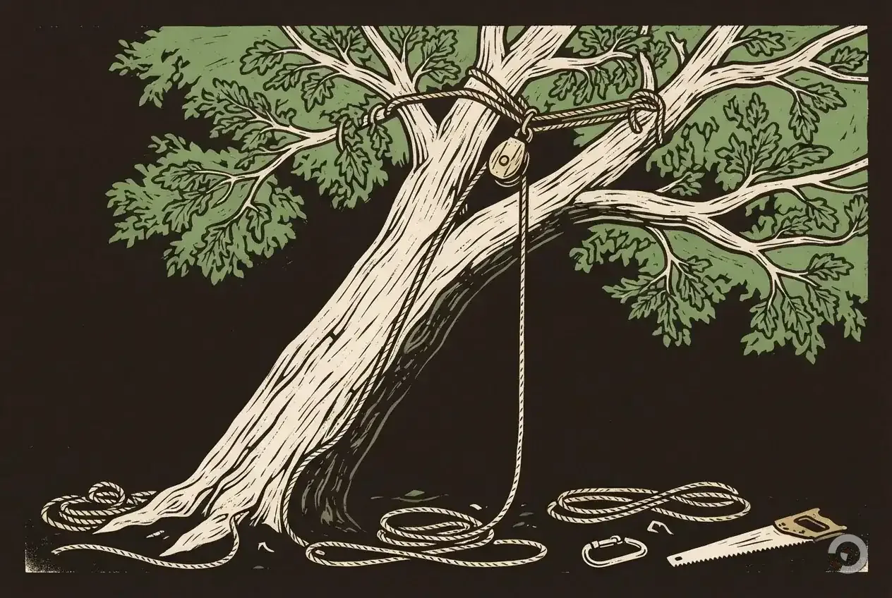 Woodcut illustration: emergency tree removal cost, step one
