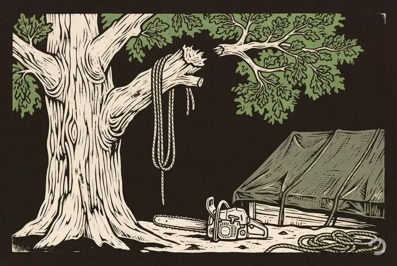 Woodcut illustration: emergency tree removal cost, step two