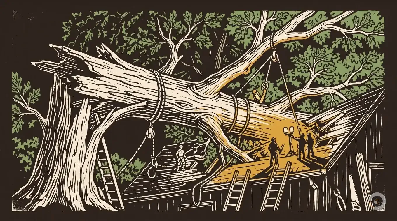 Woodcut hero illustration for the emergency tree removal cost guide