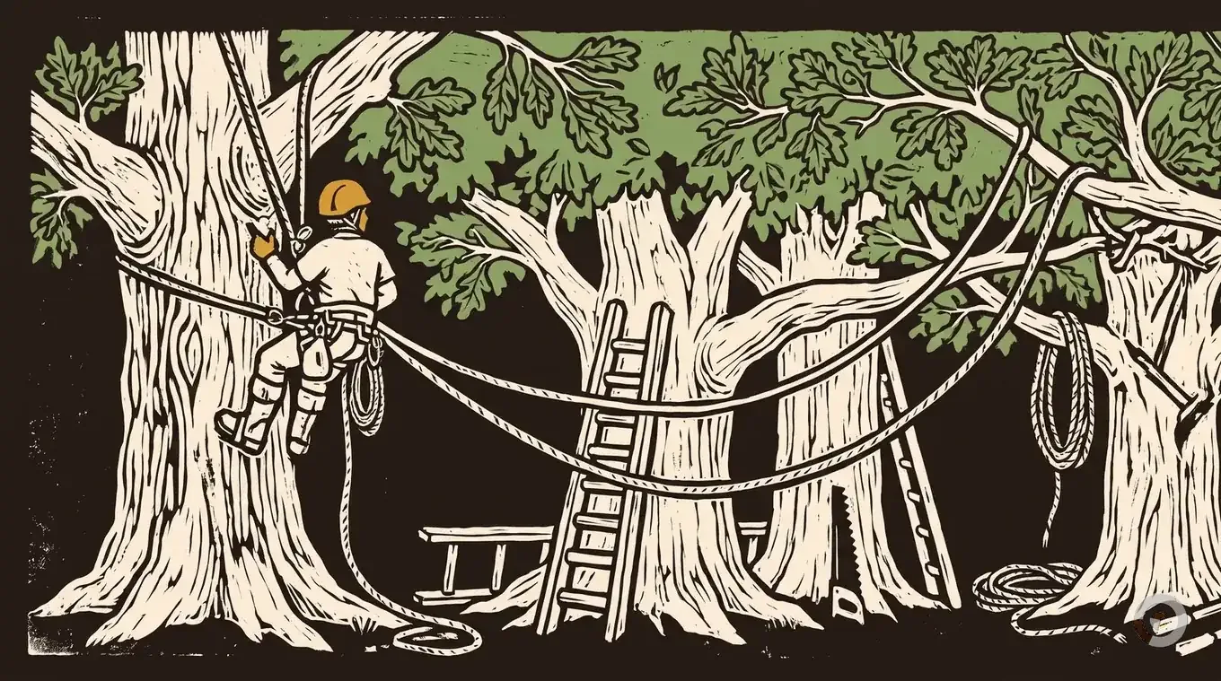 Woodcut hero illustration for the how to become an arborist guide