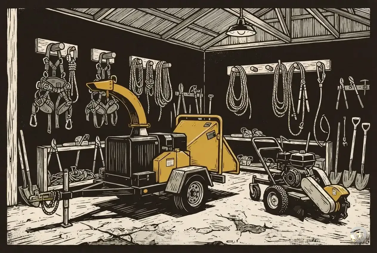 Woodcut of a workshop bay holding a chipper, a stump grinder and climbing saddles on the wall