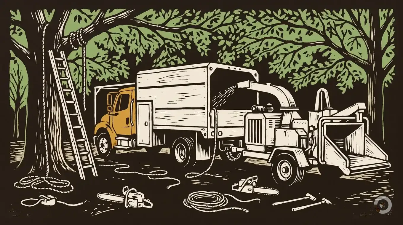 Woodcut hero illustration for the how to start a tree service business guide