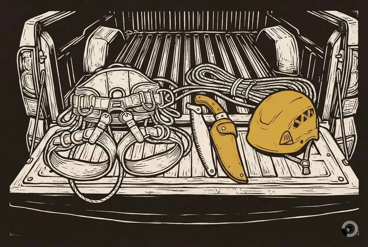 Woodcut of a climbing saddle, pruning saw and hard hat laid out as a climber's kit