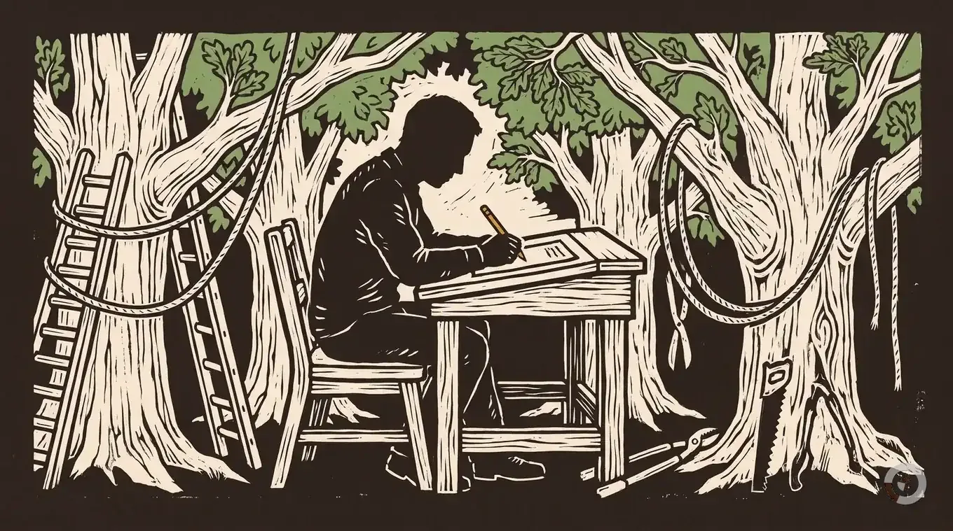 Woodcut hero illustration for the isa certified arborist guide