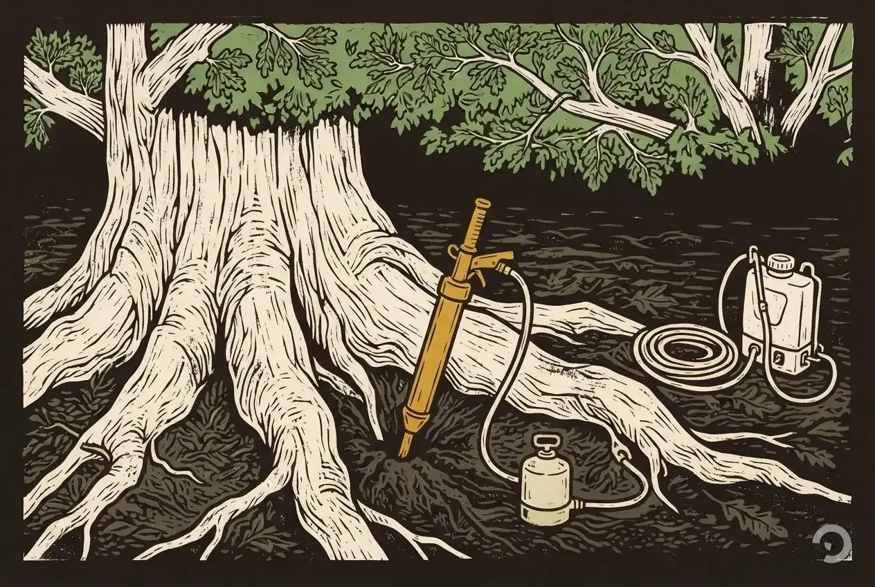 Woodcut illustration: oak wilt treatment, step one