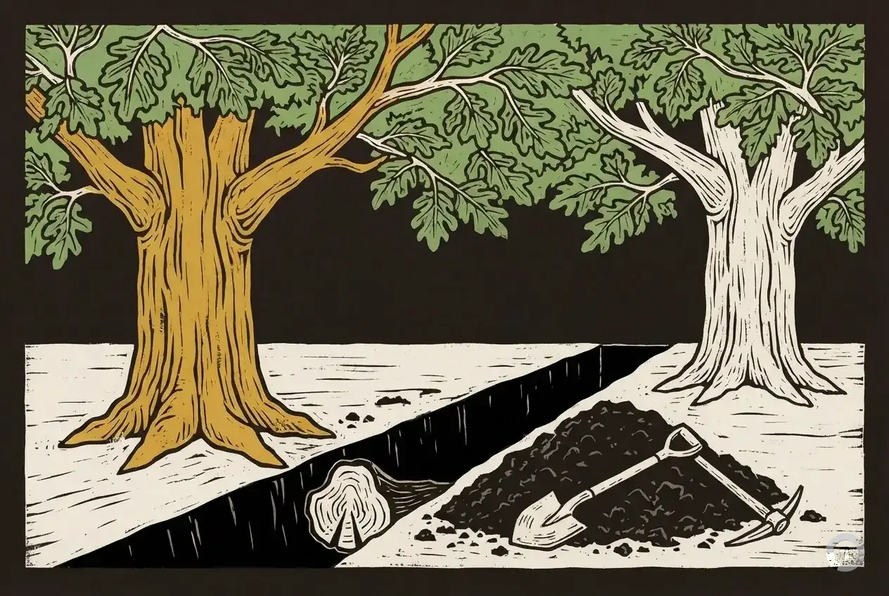 Woodcut of a severing trench cut in the soil between two oaks
