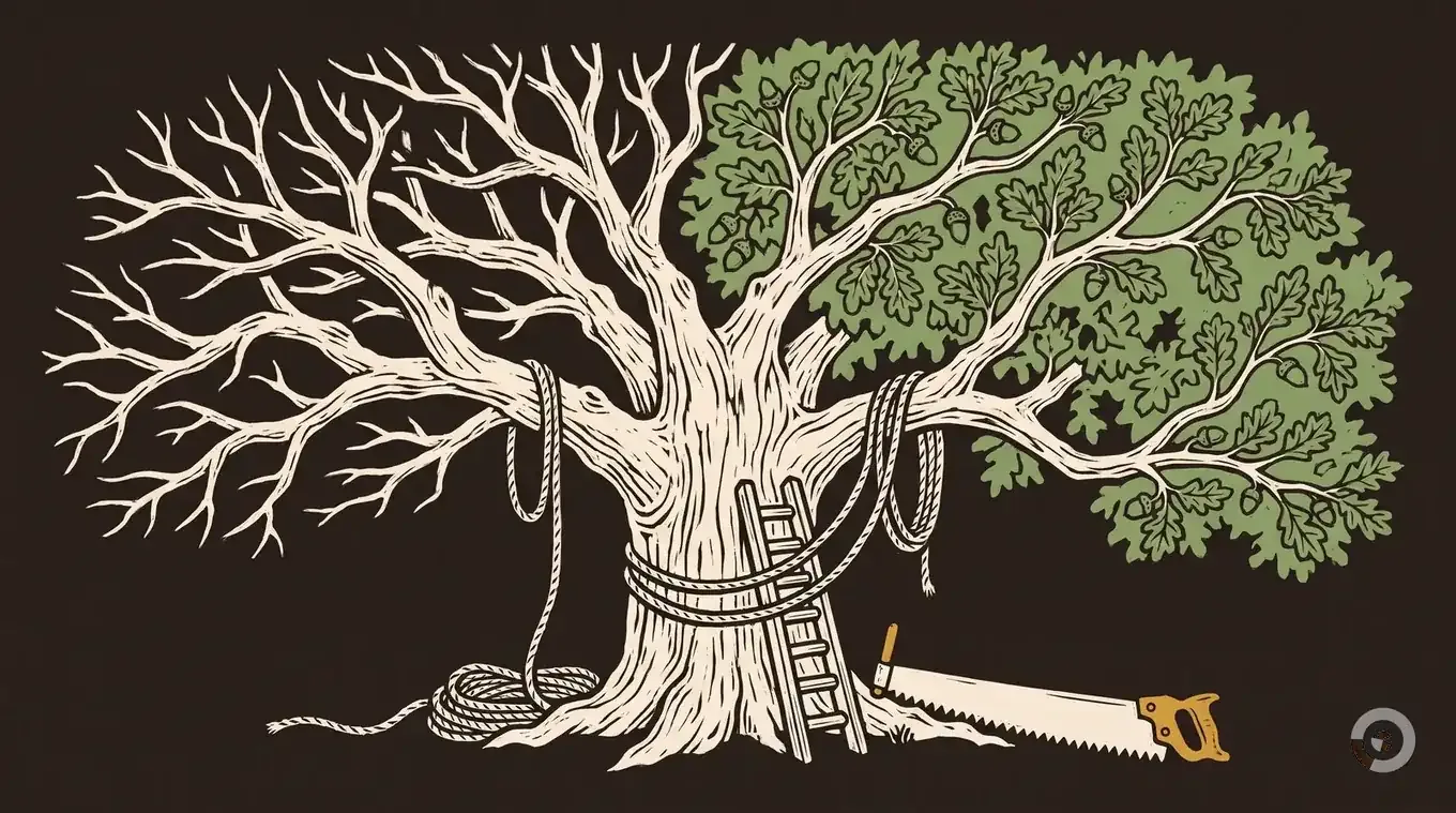 Woodcut hero illustration for the oak wilt treatment guide