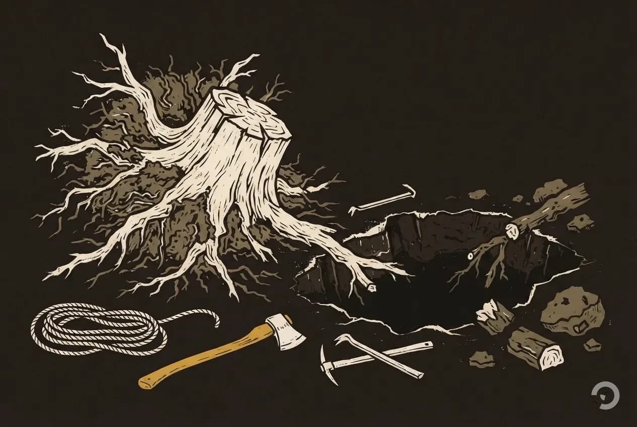 Woodcut illustration: stump removal cost, step two