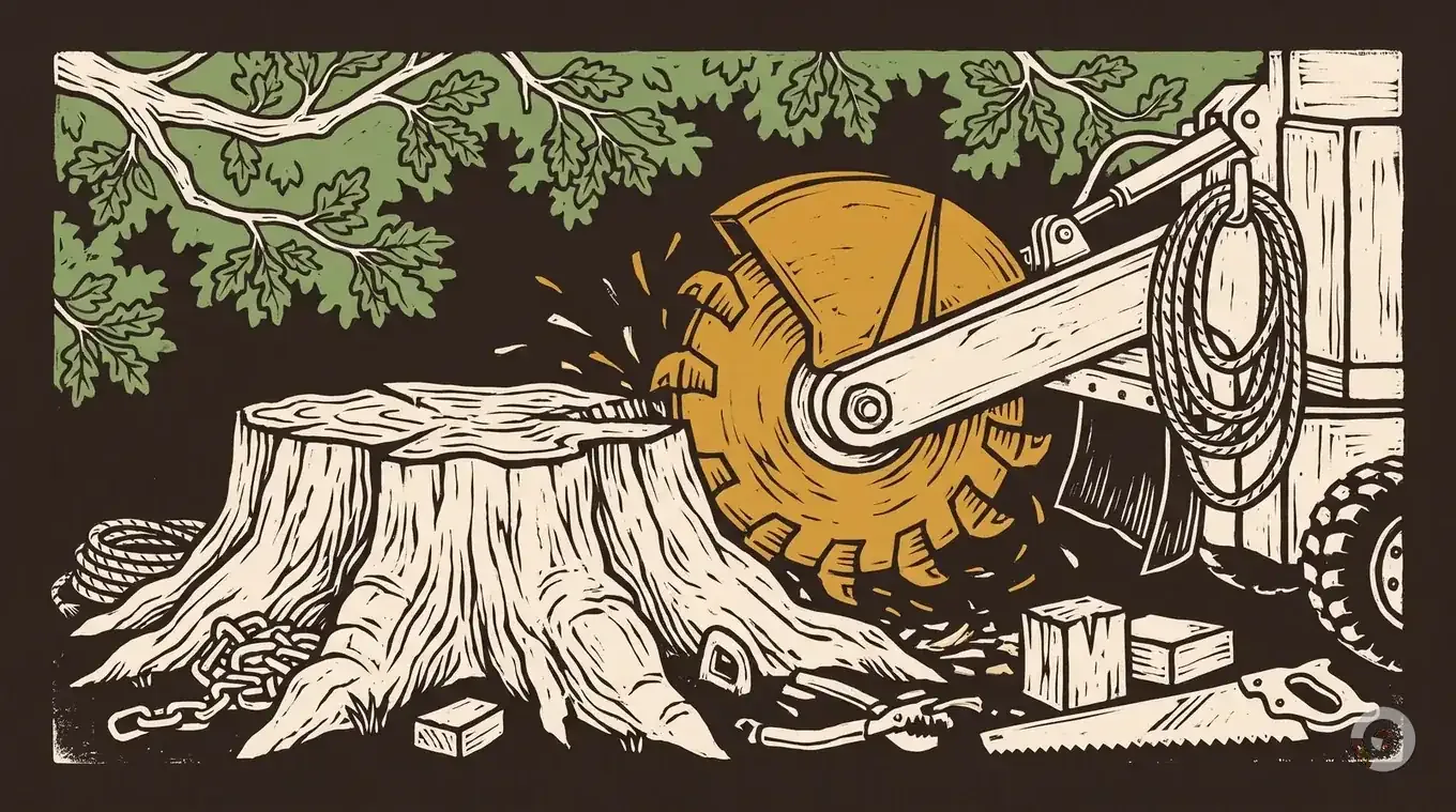 Woodcut hero illustration for the stump removal cost guide