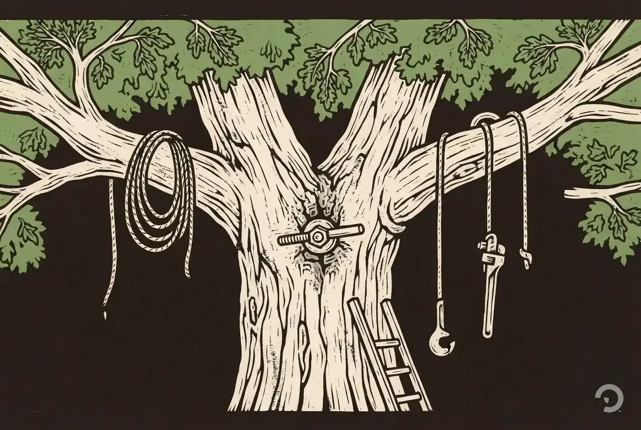 Woodcut illustration: tree cabling and bracing, step one