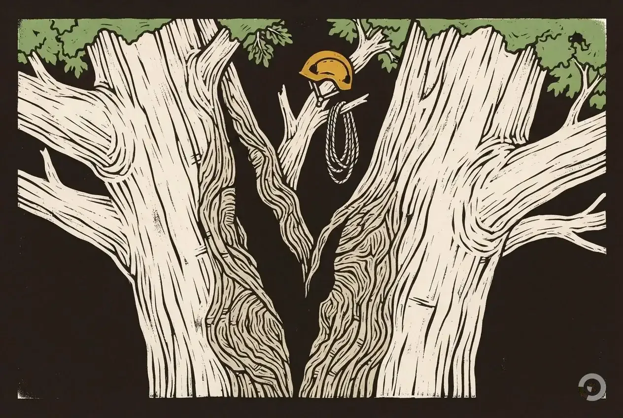 Woodcut illustration: tree cabling and bracing, step two