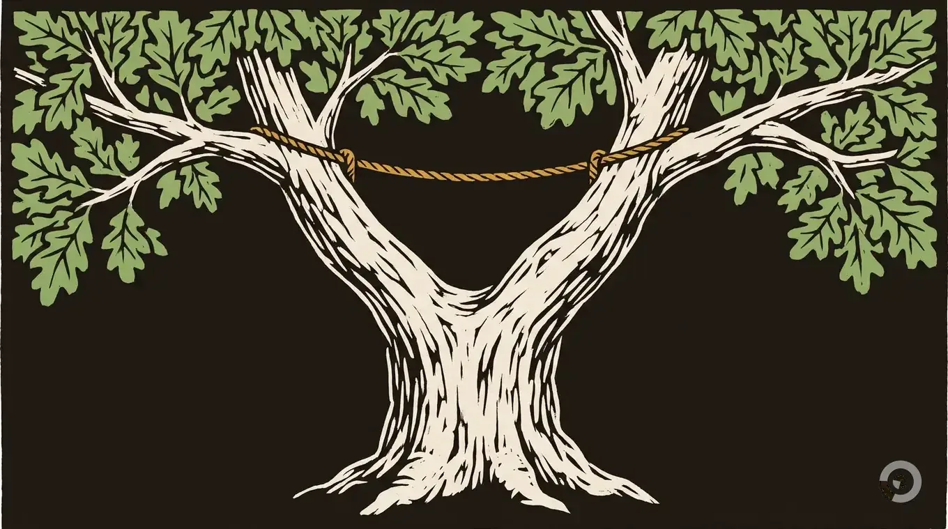 Woodcut of a cable spanning the two co-dominant leaders of one oak