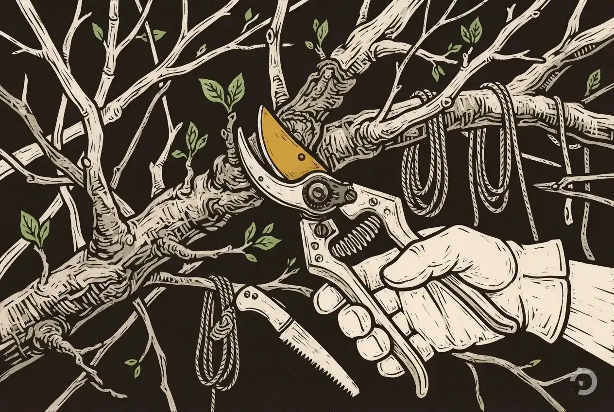 Woodcut illustration: tree pruning calendar, step two