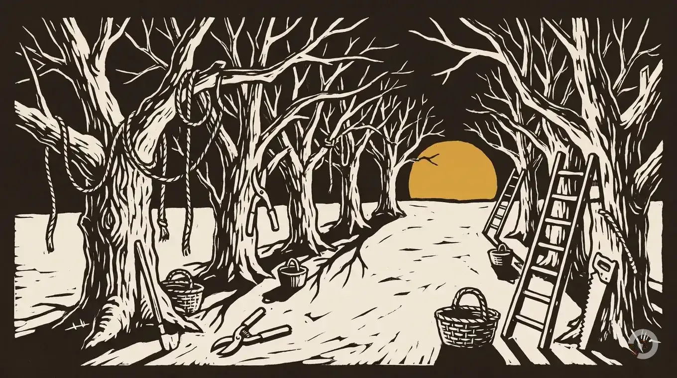Woodcut hero illustration for the tree pruning calendar guide