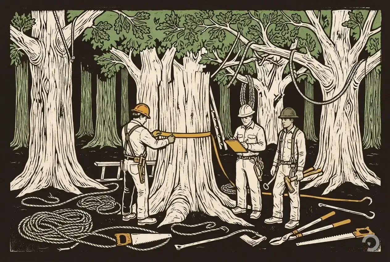 Woodcut illustration: tree removal cost, step one