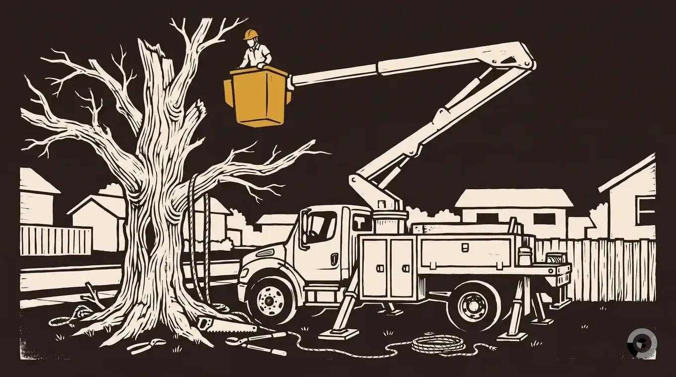 Woodcut of a bucket truck beside a dead tree, its boom running unbroken from the truck deck to the bucket