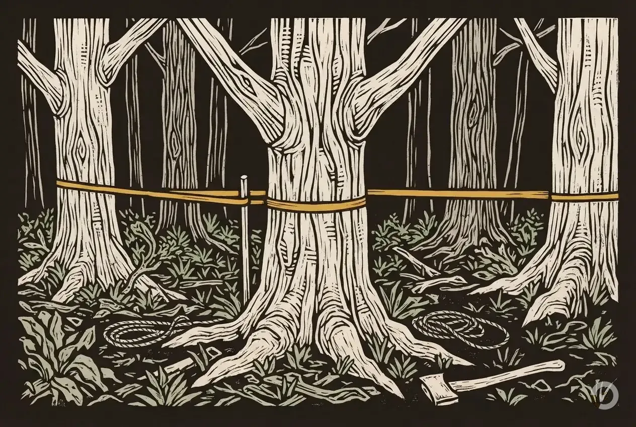 Woodcut illustration: tree removal permit rules, step one