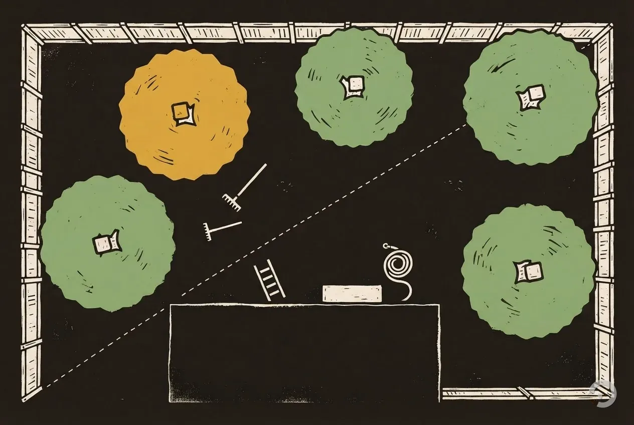 Woodcut plan view of a suburban lot with its trees marked