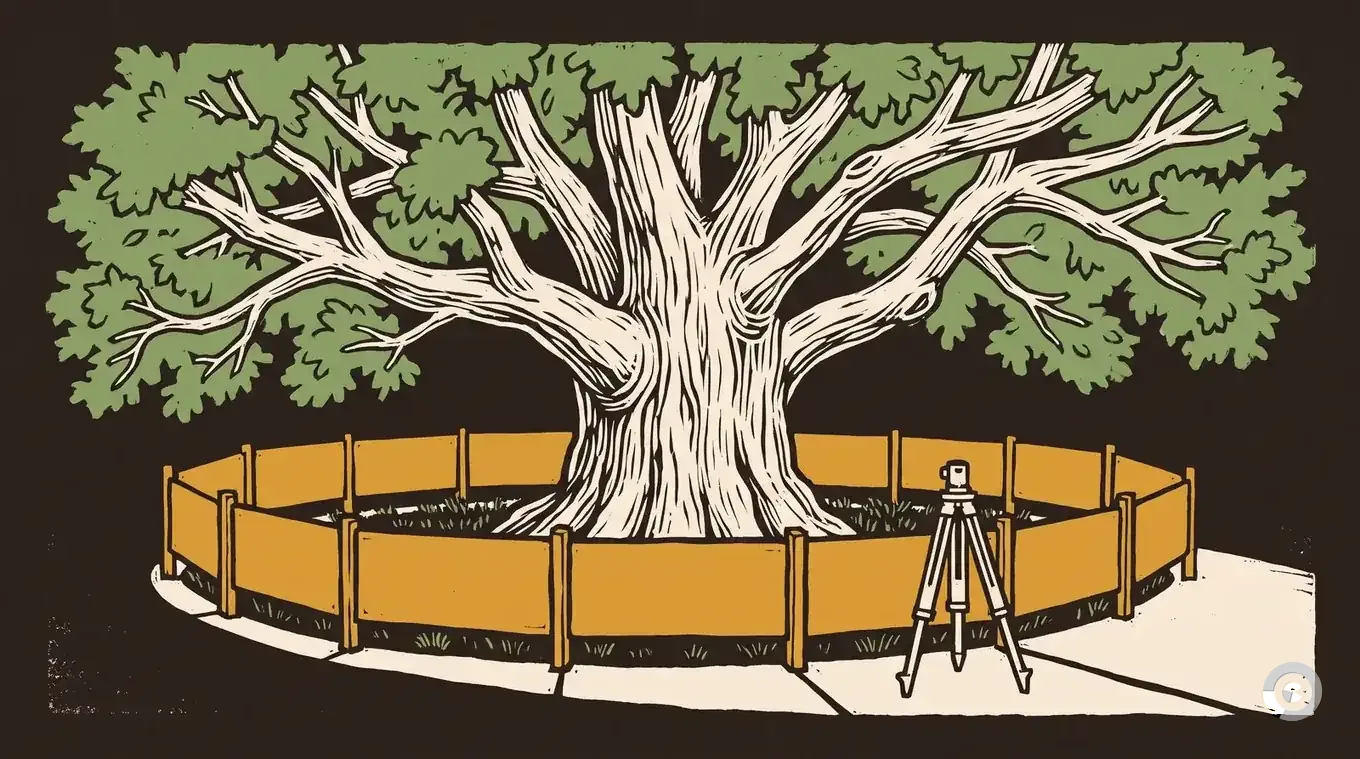 Woodcut of a heritage oak inside a staked protection zone with a surveyor's tripod outside the ring