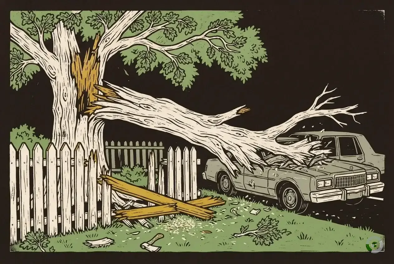 Woodcut of a failed limb down across a crushed fence and a parked car