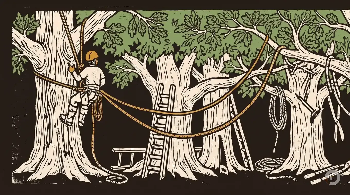 Woodcut hero illustration for the tree service insurance cost guide