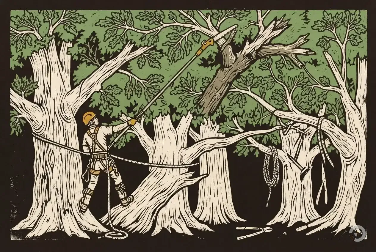 Woodcut illustration: tree trimming cost, step one