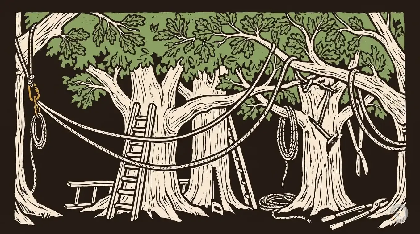 Woodcut hero illustration for the tree trimming cost guide