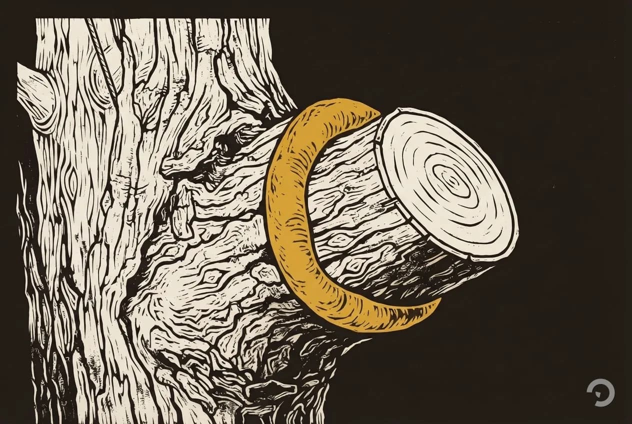 Woodcut of a pruning cut made just outside the branch collar