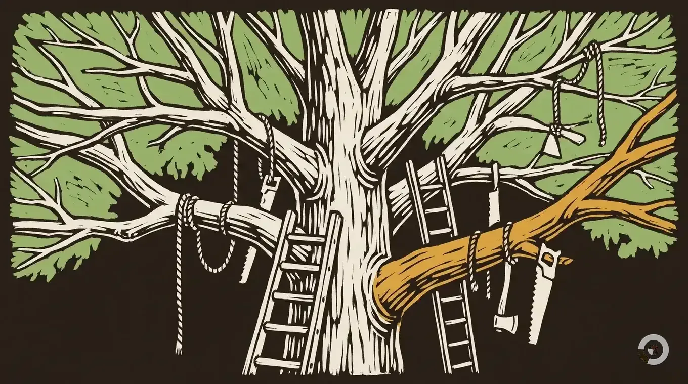 Woodcut of a mature ash tree