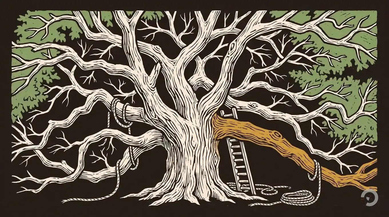 Woodcut of a mature oak tree