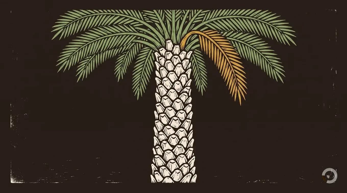 Woodcut of a standing date palm with a diamond-patterned trunk and a single crown of fronds