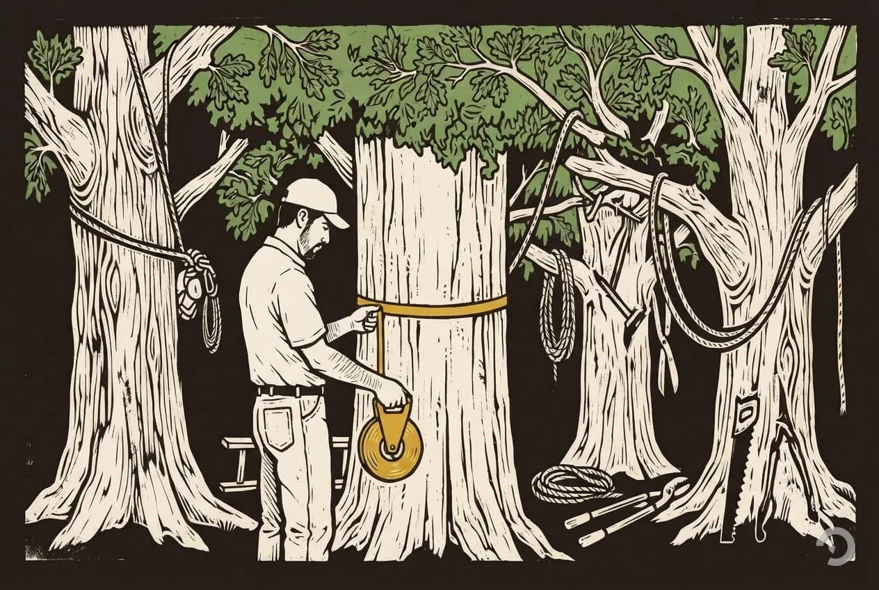 Woodcut of a diameter tape wrapped around a trunk at breast height