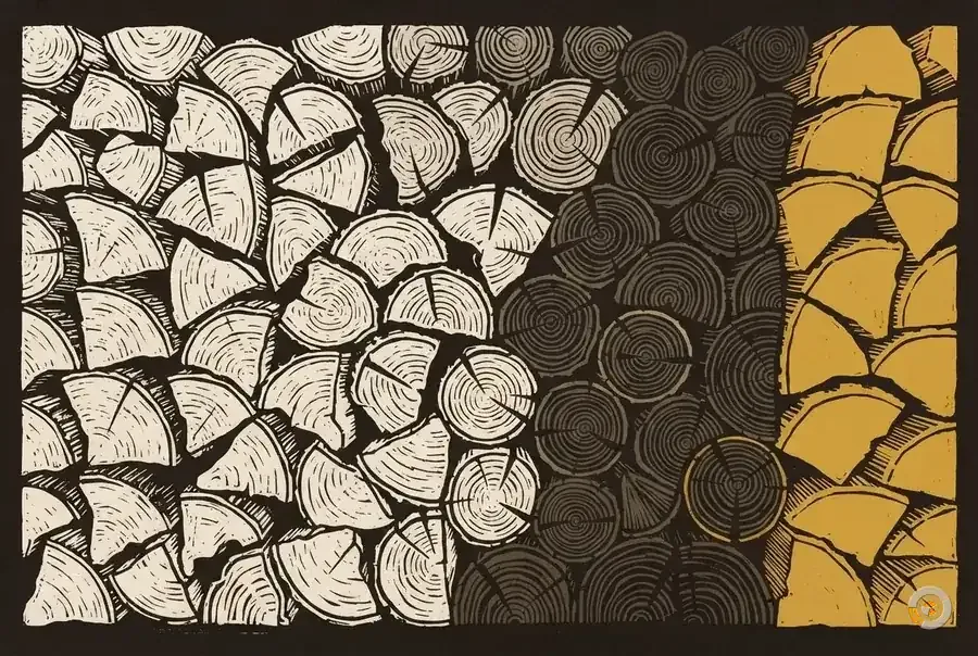 Woodcut of split firewood rounds stacked end-on and graded by density