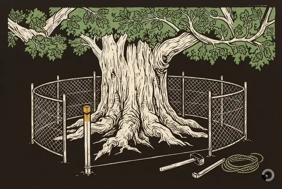 Woodcut of a heritage trunk ringed by a municipal tree-protection fence with a surveyor's stake outside it
