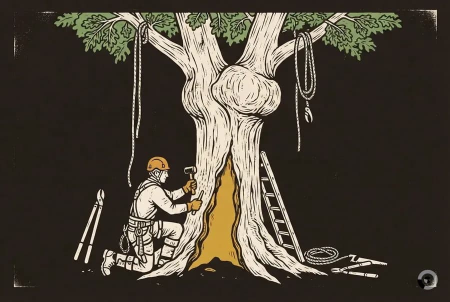 Woodcut of an arborist sounding a trunk with a mallet beside an open seam of decay