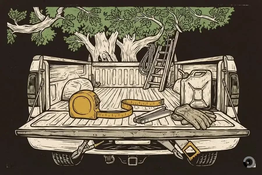 Woodcut of a tailgate laid out with a diameter tape, folding rule, gloves and a fuel can
